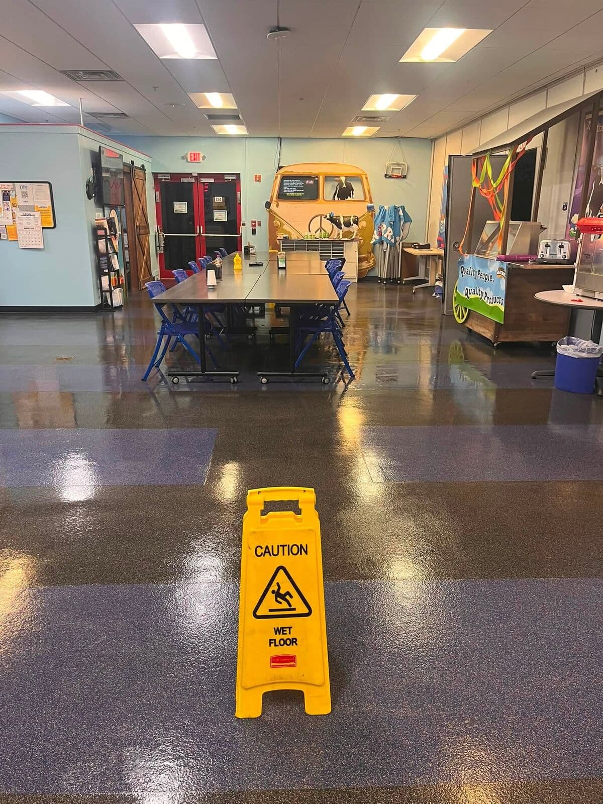 Freshly mopped commercial break room