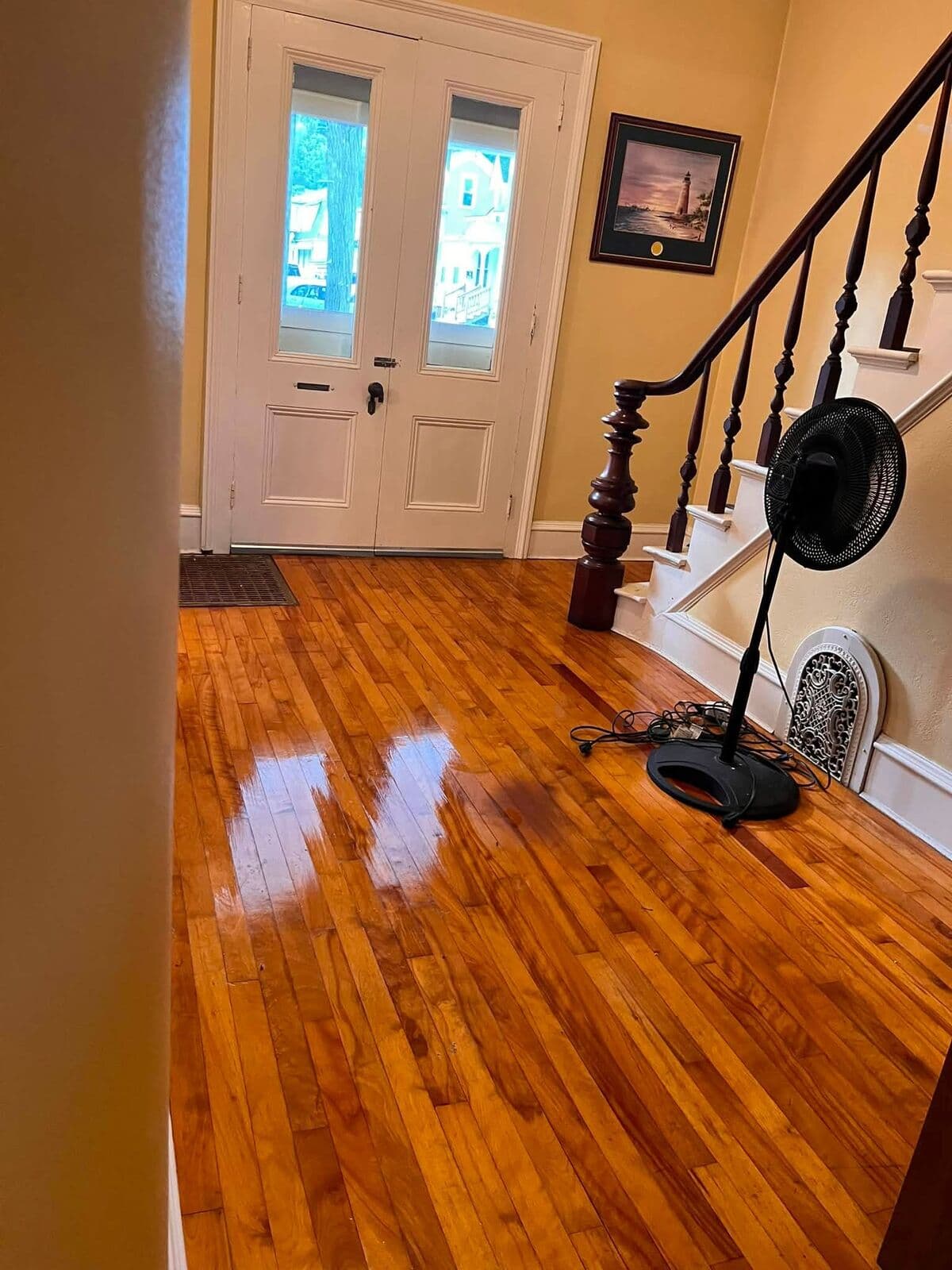 Entryway with gleaming hardwood